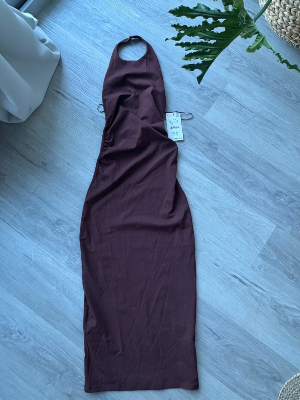 Zara Draped Halter Midi Dress Open Back Side Ruched Chocolate Brown S NWT - Picture 8 of 12